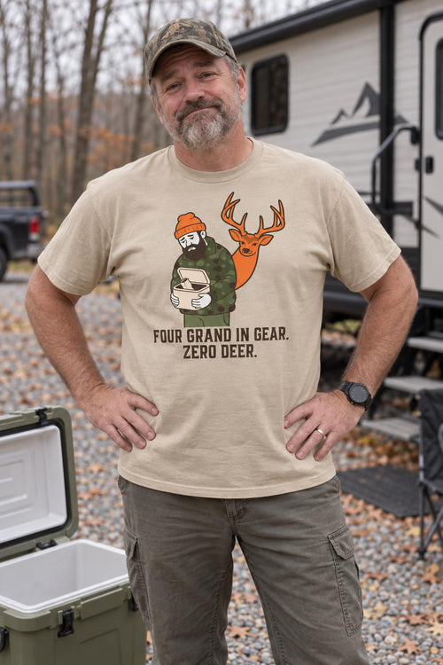Funny Hunting Shirt Four Grand In Gear Zero Deer Gift T-Shirt in Sand – worn by a man