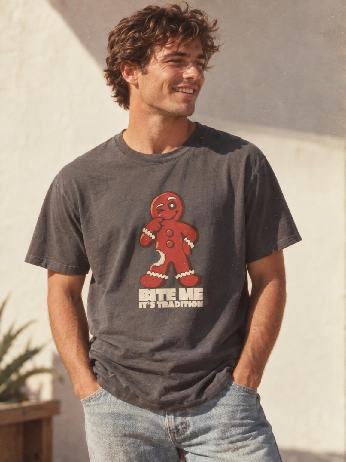 Bite Me It's Tradition Funny Gingerbread Christmas T-Shirt in Charcoal – worn by a man