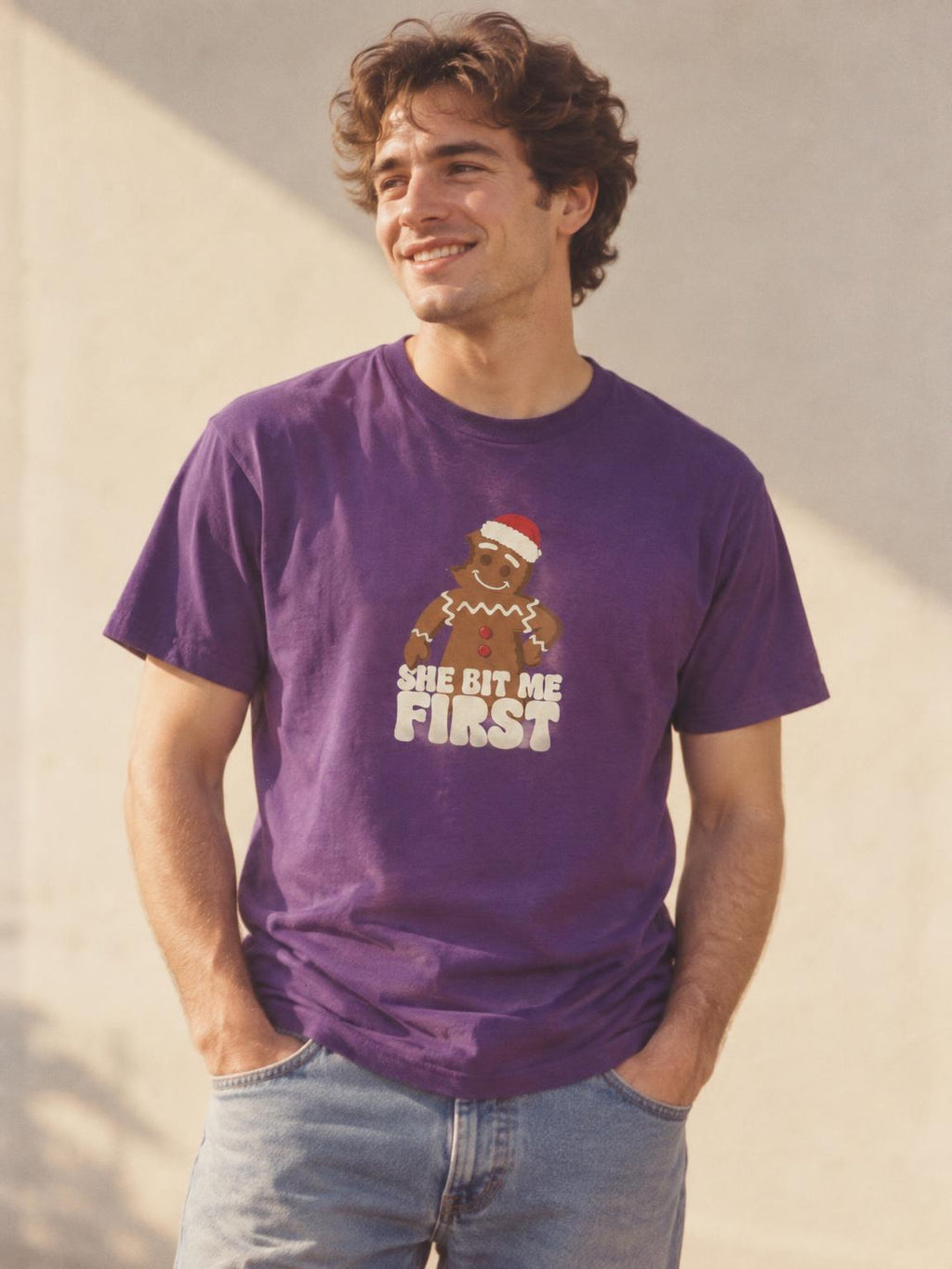 Gingerbread Man Funny Christmas Party Gag Gift T-Shirt in Purple – worn by a man