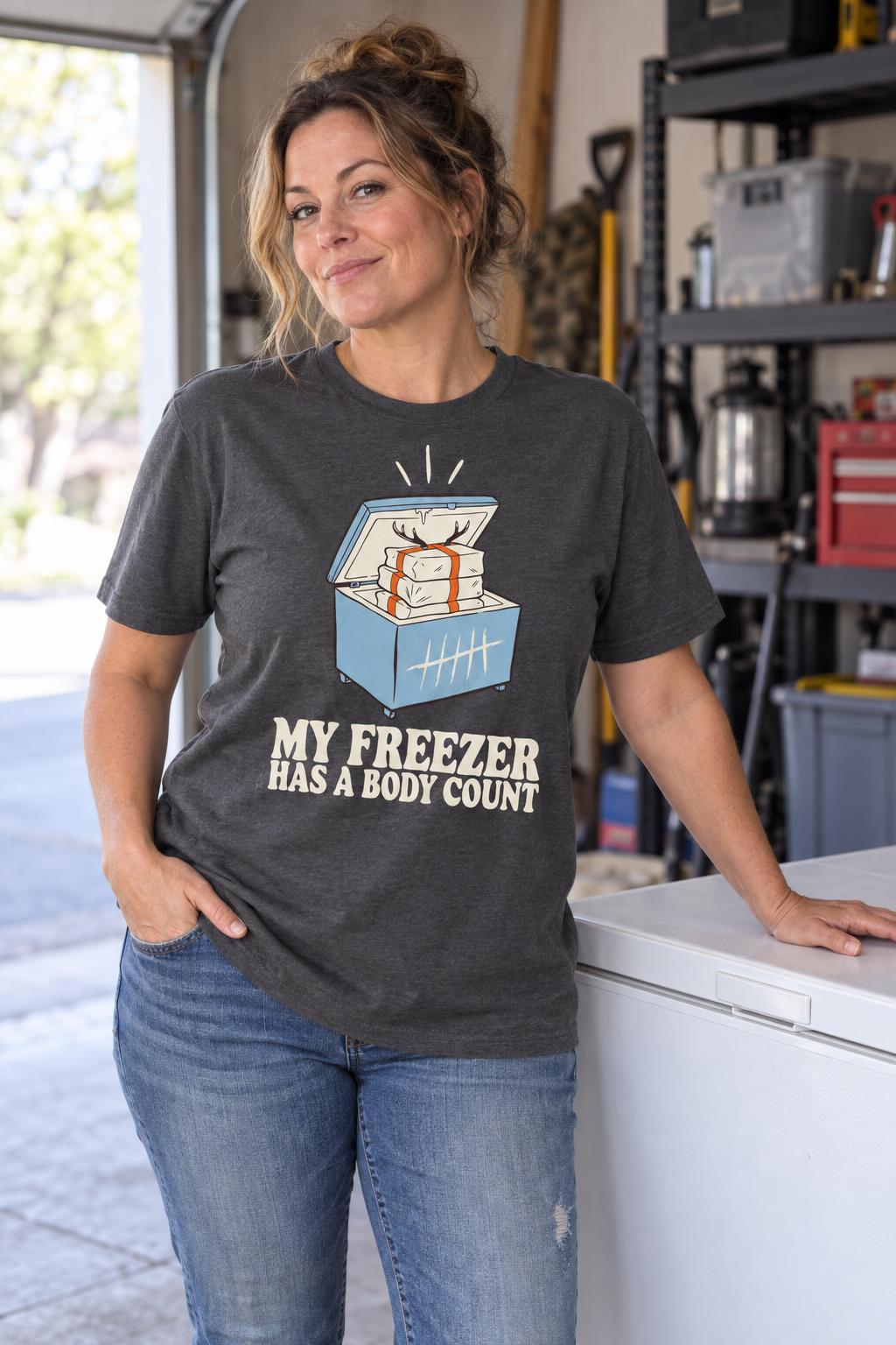 Deer Hunting Shirt My Freezer Has A Body Count Funny Gift T-Shirt in Charcoal – worn by a woman