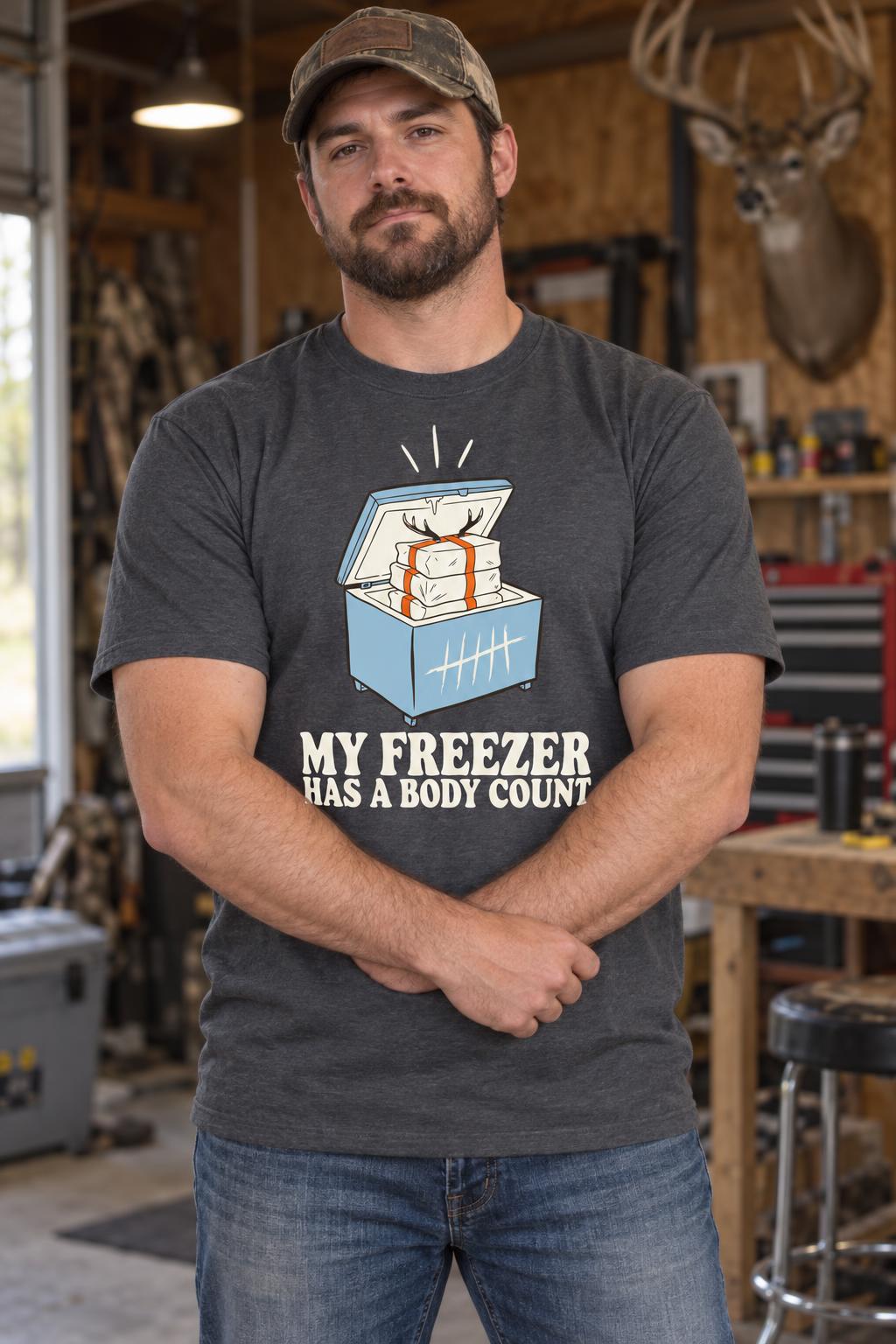 Deer Hunting Shirt My Freezer Has A Body Count Funny Gift T-Shirt in Charcoal – worn by a man