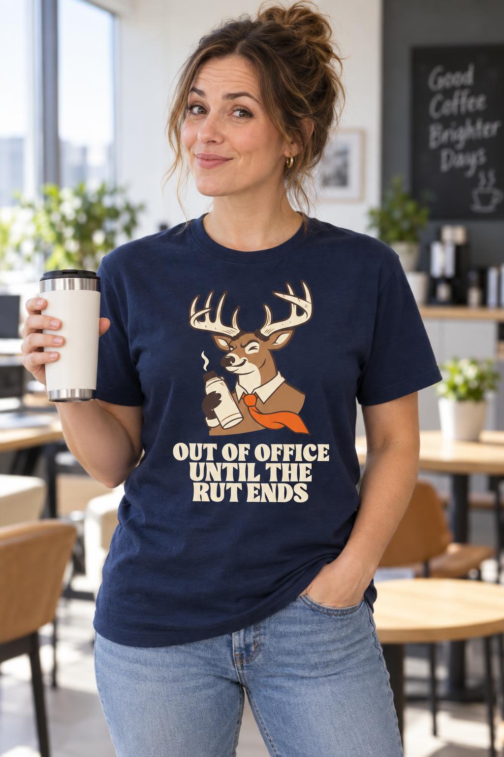 Funny Deer Hunting Shirt Out Of Office Until The Rut T-Shirt in Navy – worn by a woman