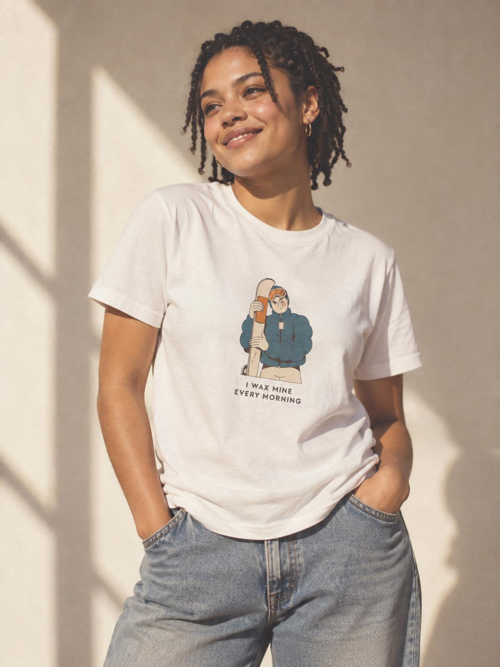 Ski Humor I Wax Mine Every Morning Funny Apres Ski T-Shirt in White – worn by a woman