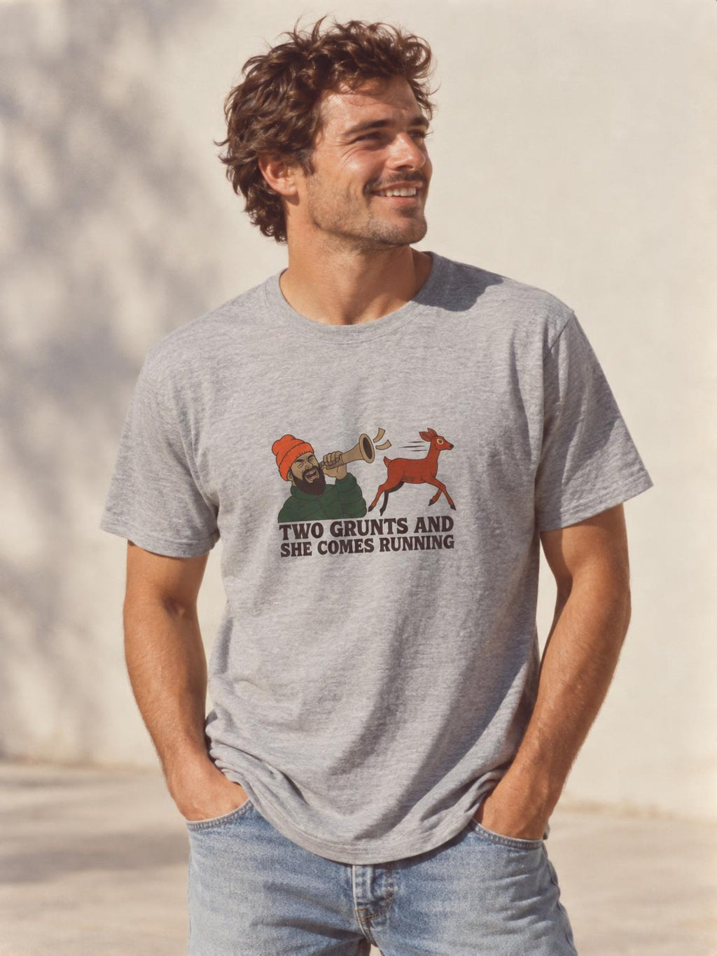 Funny Deer Hunting Grunt Call Deer Camp Gift T-Shirt in Sport Grey – worn by a man