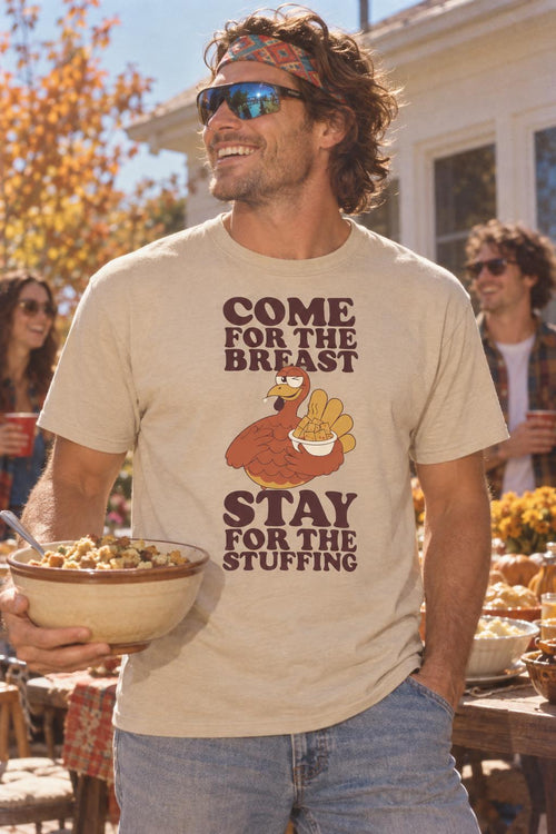 Friendsgiving Turkey Stuffing Funny Thanksgiving Dinner T-Shirt in Sand – worn by a man