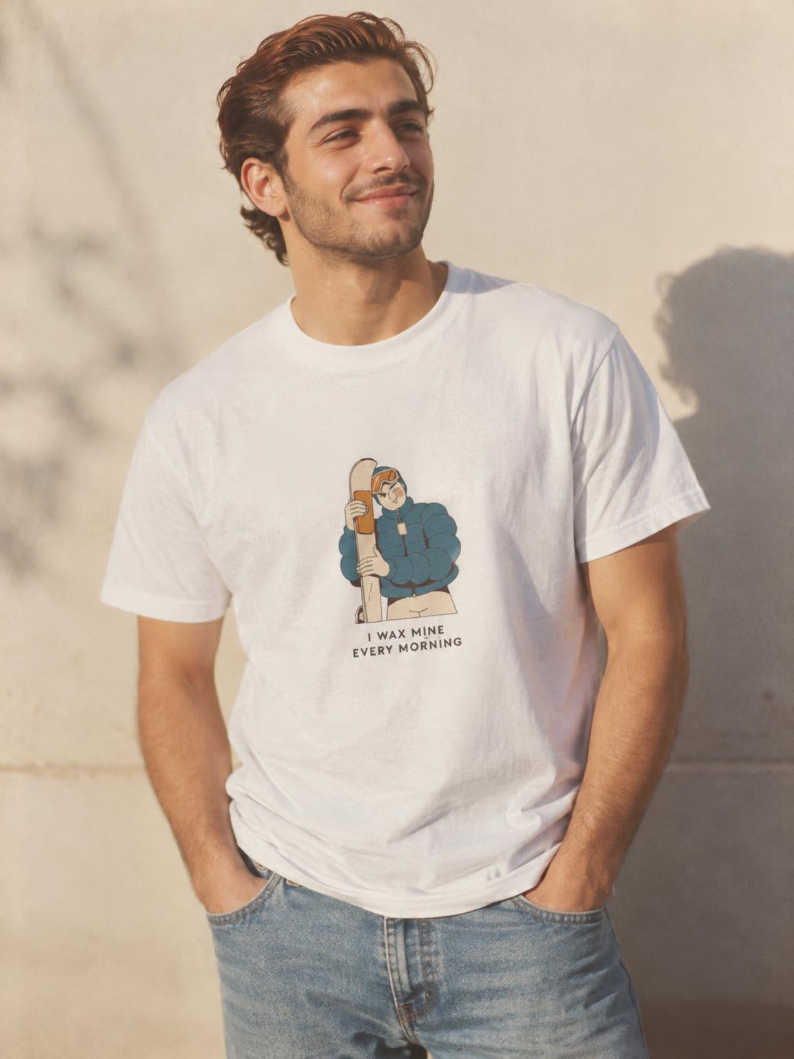 Ski Humor I Wax Mine Every Morning Funny Apres Ski T-Shirt in White – worn by a man