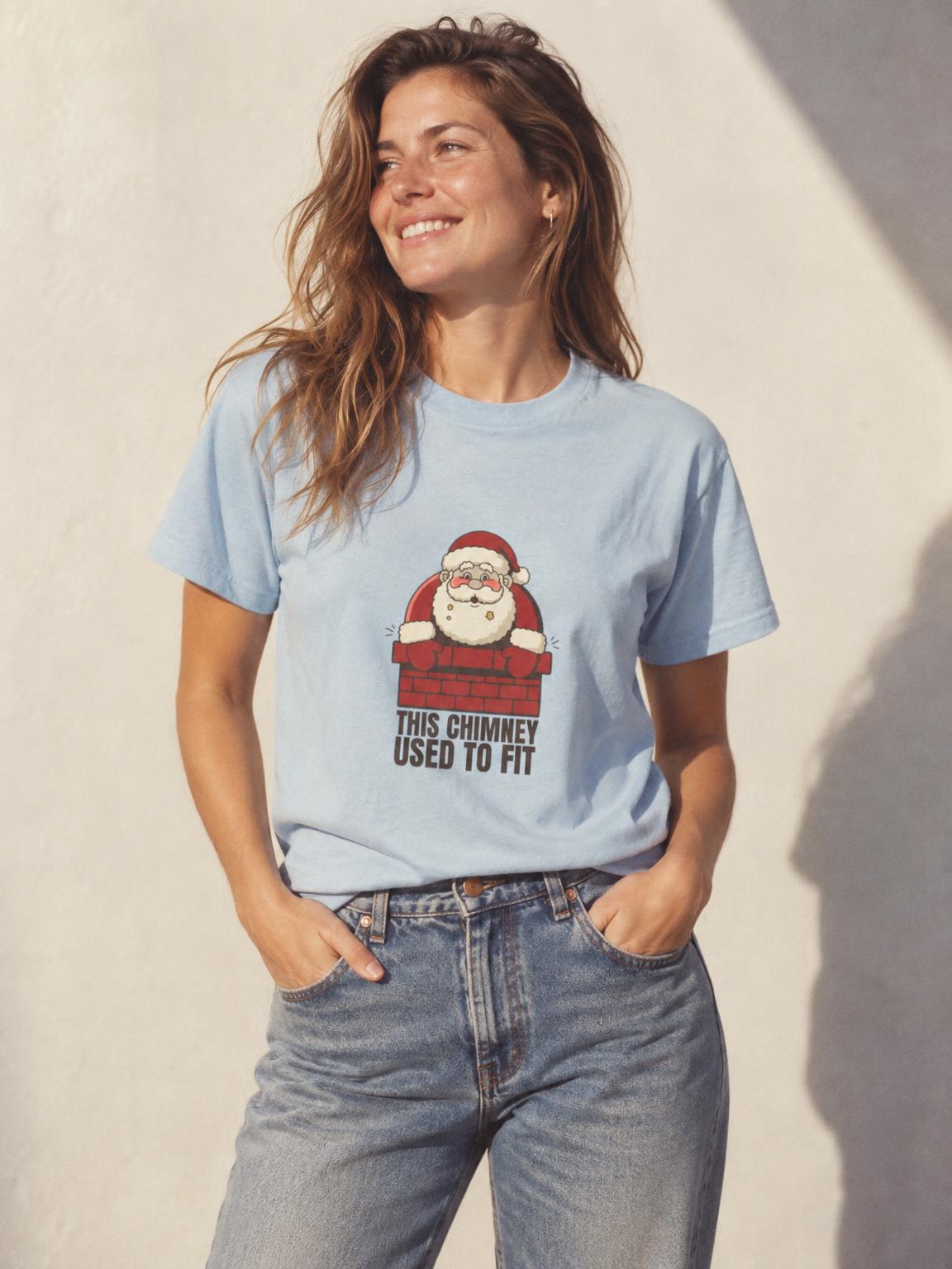 Funny Santa Stuck In Chimney Christmas Gag Gift T-Shirt in Light Blue – worn by a woman