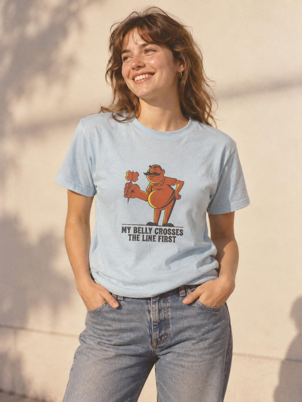 Darts Beer Belly Funny Pub Dart Player Oche Gift T-Shirt in Light Blue – worn by a woman