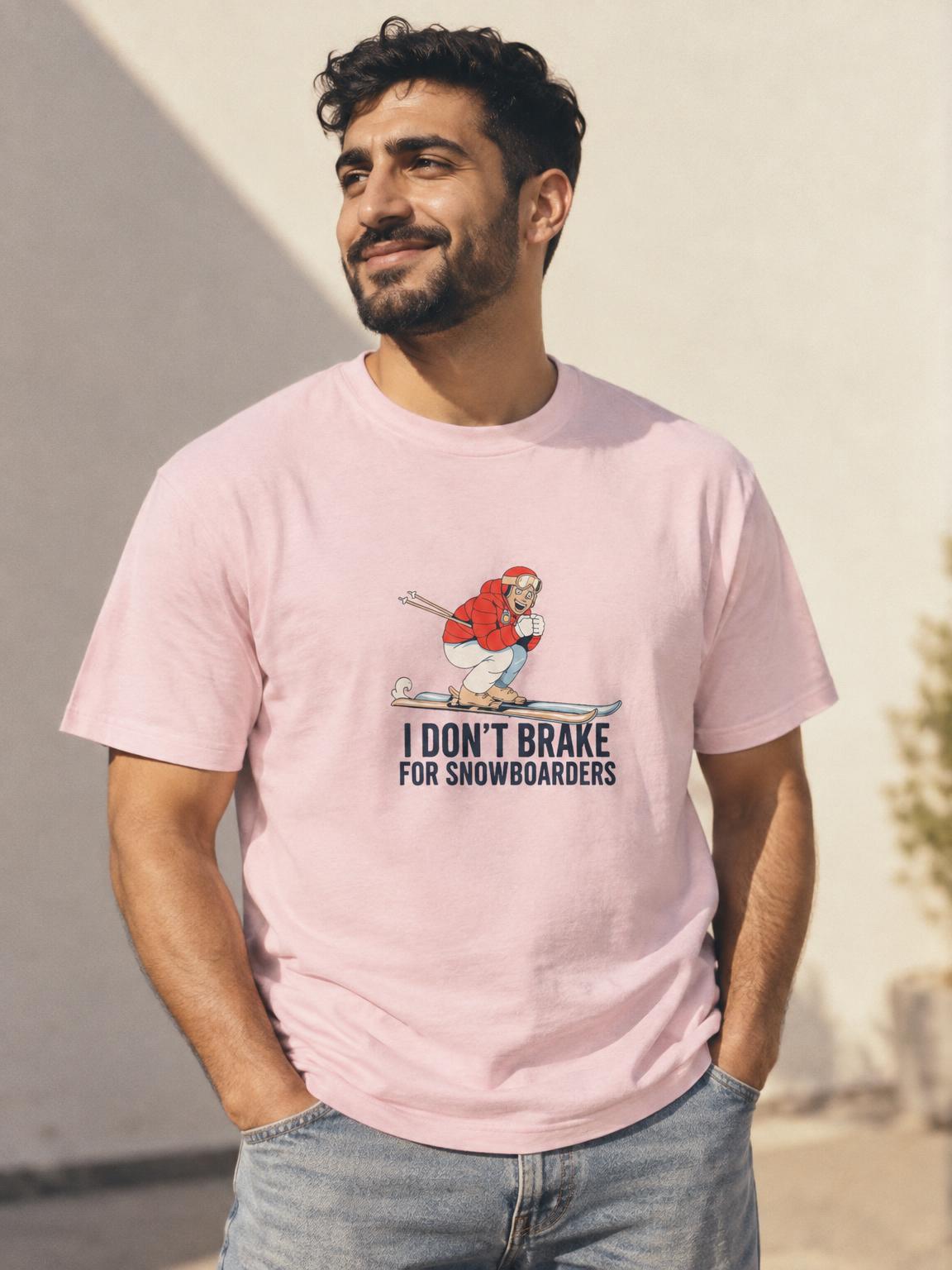 Skier Gift I Don't Brake For Snowboarders Funny Skiing T-Shirt in Light Pink – worn by a man