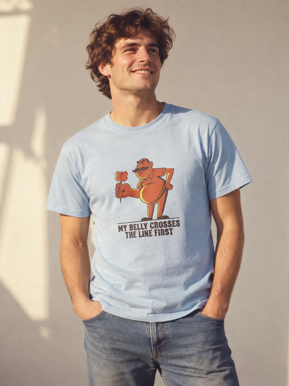 Darts Beer Belly Funny Pub Dart Player Oche Gift T-Shirt in Light Blue – worn by a man