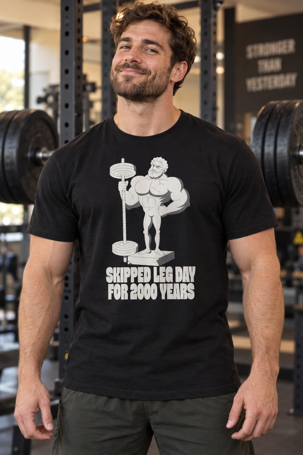 Skipped Leg Day For 2000 Years Funny Greek Statue Gym T-Shirt in Black – worn by a man