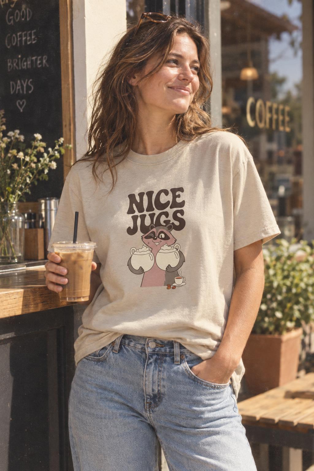 Raccoon Coffee Nice Jugs Funny Barista Innuendo T-Shirt in Sand – worn by a woman