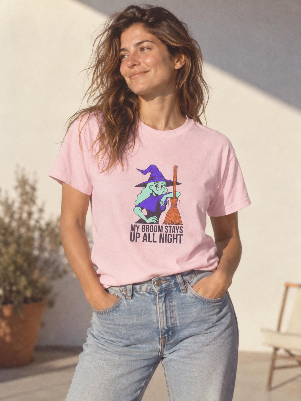 Funny Witch Broom Halloween Adult Humor T-Shirt in Light Pink – worn by a woman