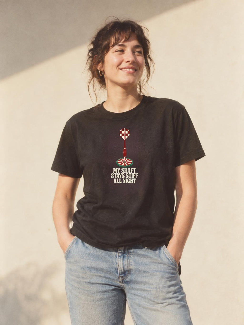 Darts Shirt My Shaft Stays Stiff All Night Funny T-Shirt in Black – worn by a woman