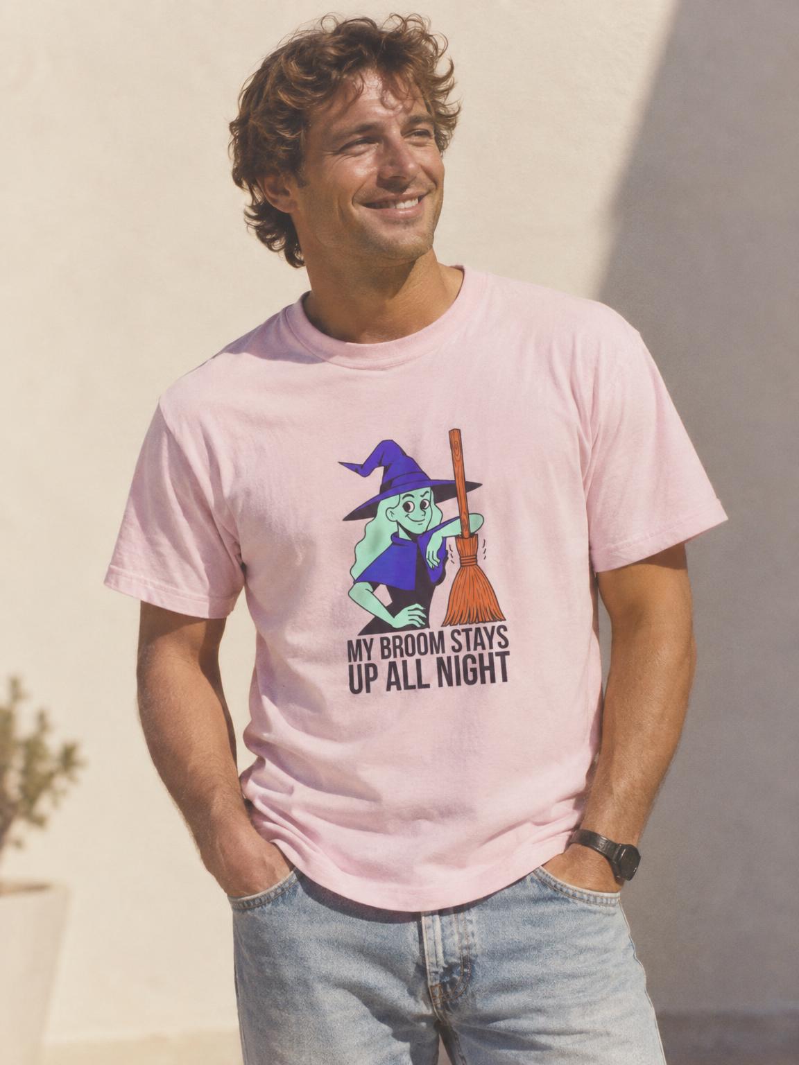 Funny Witch Broom Halloween Adult Humor T-Shirt in Light Pink – worn by a man