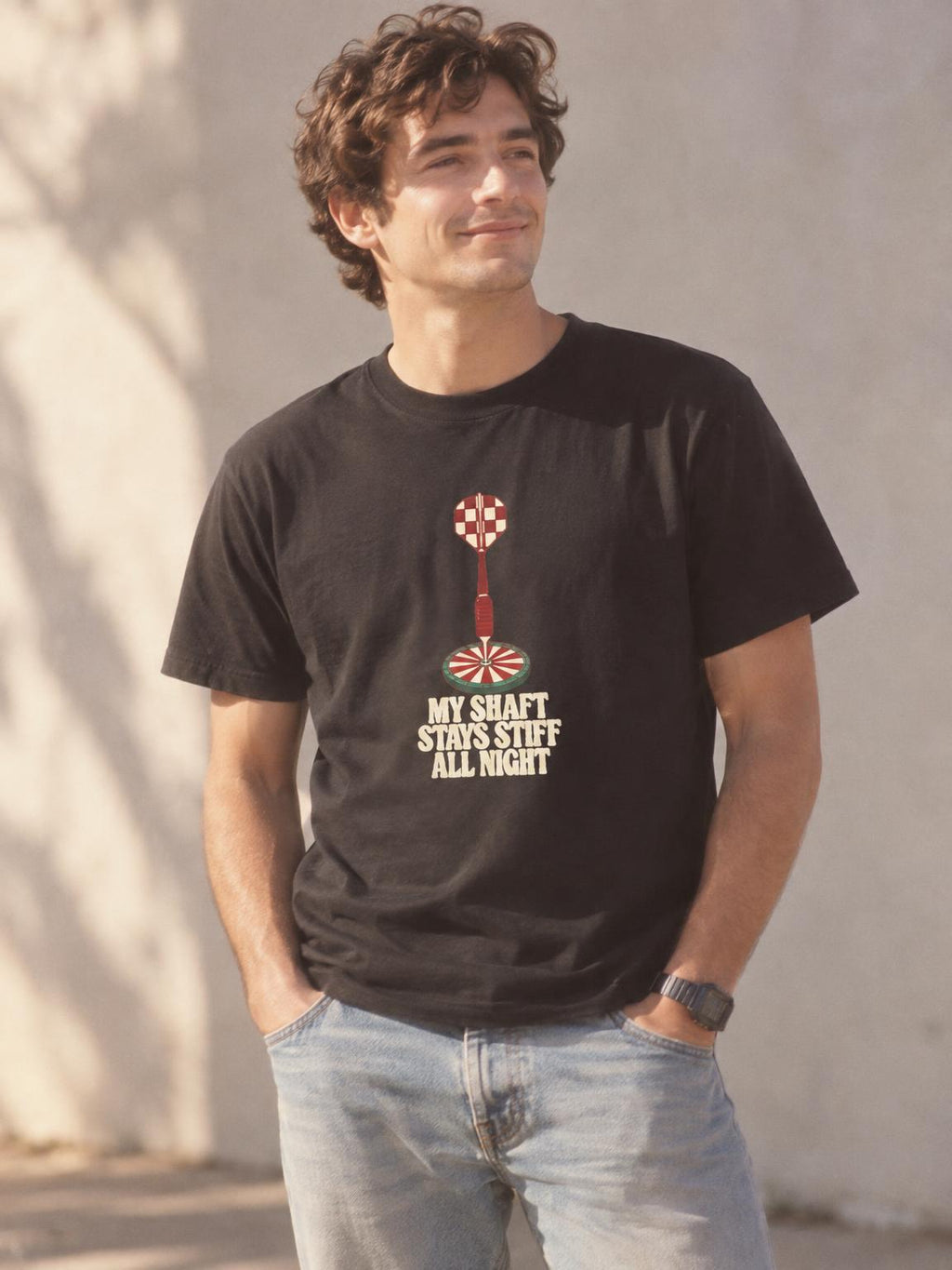 Darts Shirt My Shaft Stays Stiff All Night Funny T-Shirt in Black – worn by a man