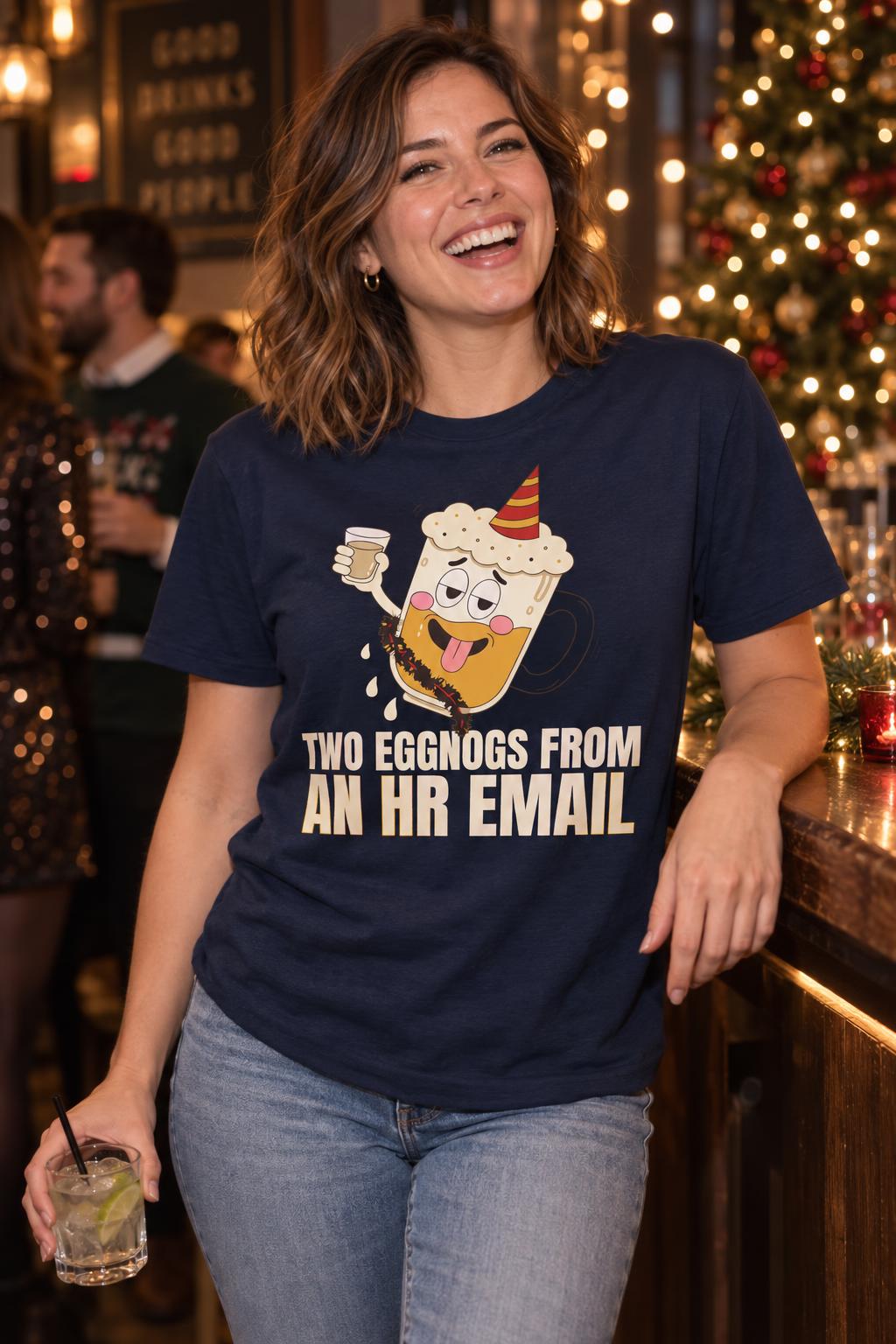 Eggnog Office Christmas Party Funny Drinking Humor T-Shirt in Navy – worn by a woman
