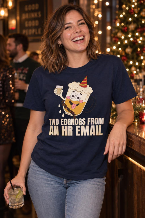 Eggnog Office Christmas Party Funny Drinking Humor T-Shirt in Navy – worn by a woman
