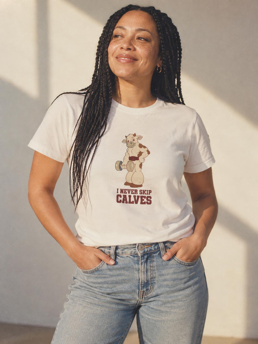 Leg Day Calves Pun Funny Gym Weightlifting T-Shirt in White – worn by a woman