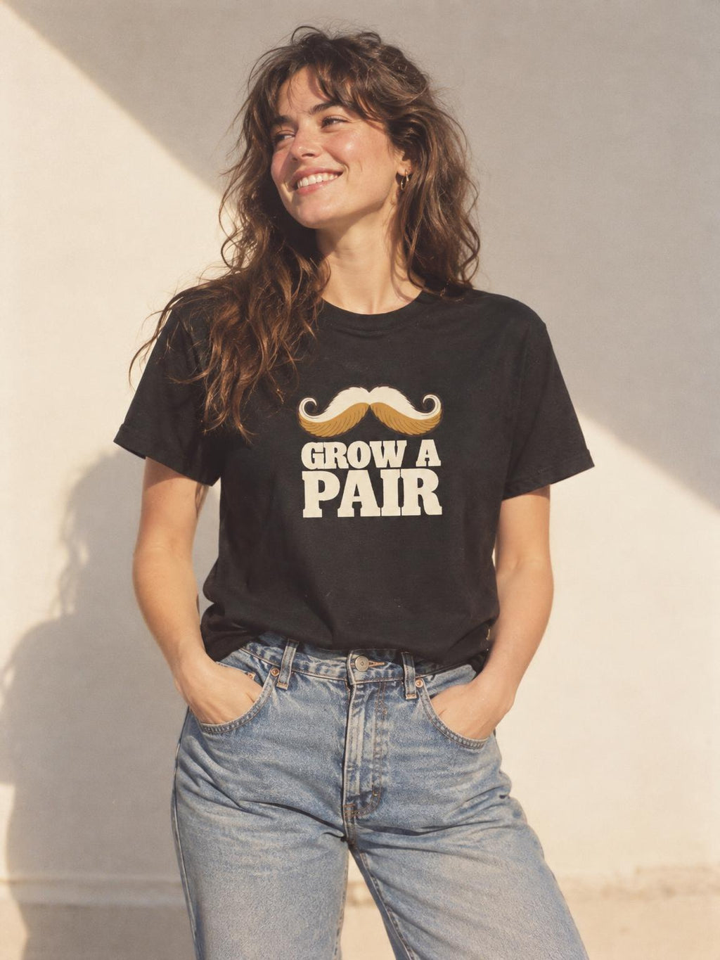 Mustache T-Shirt Grow A Pair Funny Handlebar Moustache T-Shirt in Black – worn by a woman