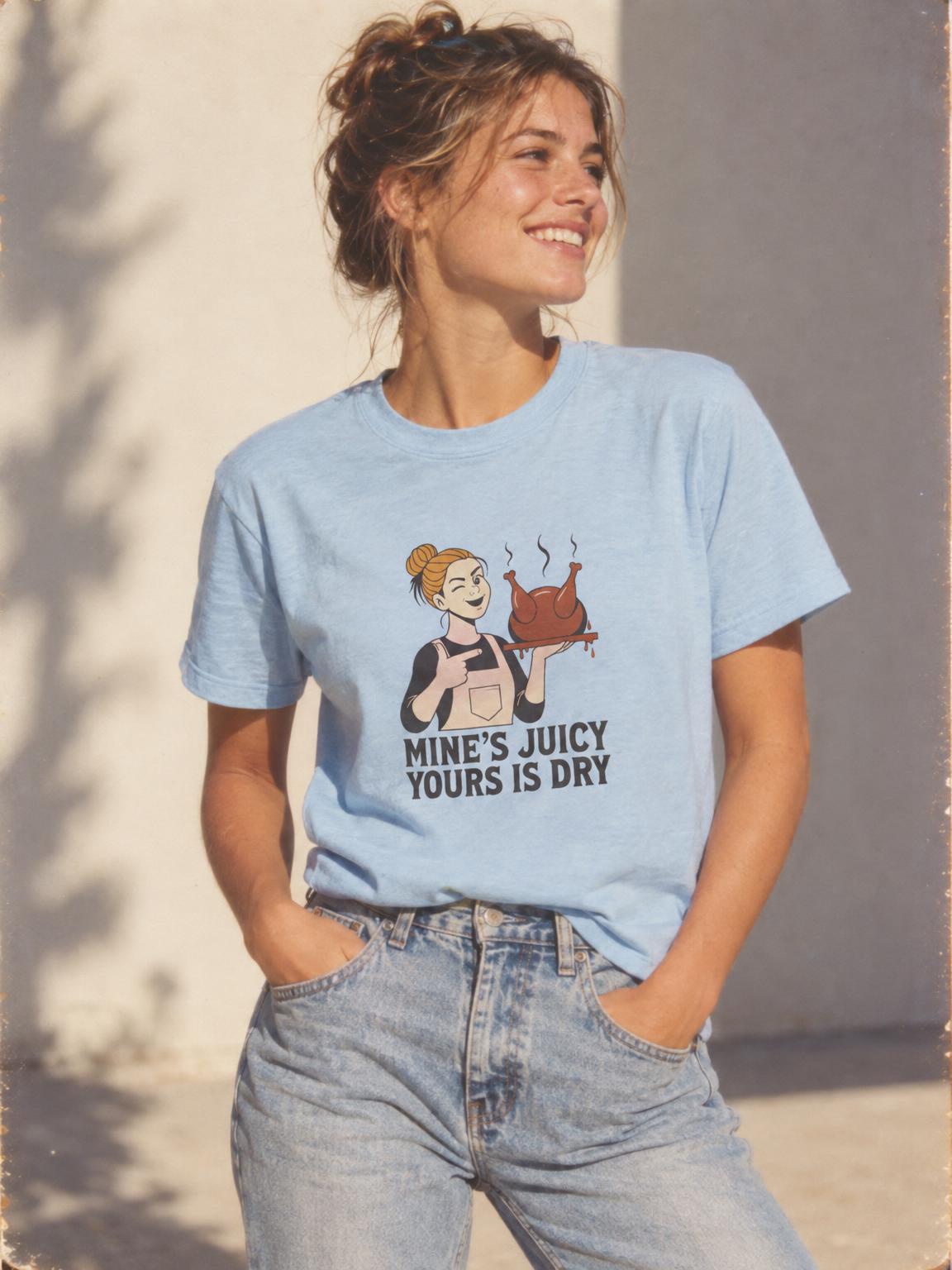 Funny Thanksgiving Turkey T-Shirt - Mine's Juicy Yours Is Dry in Light Blue – worn by a woman