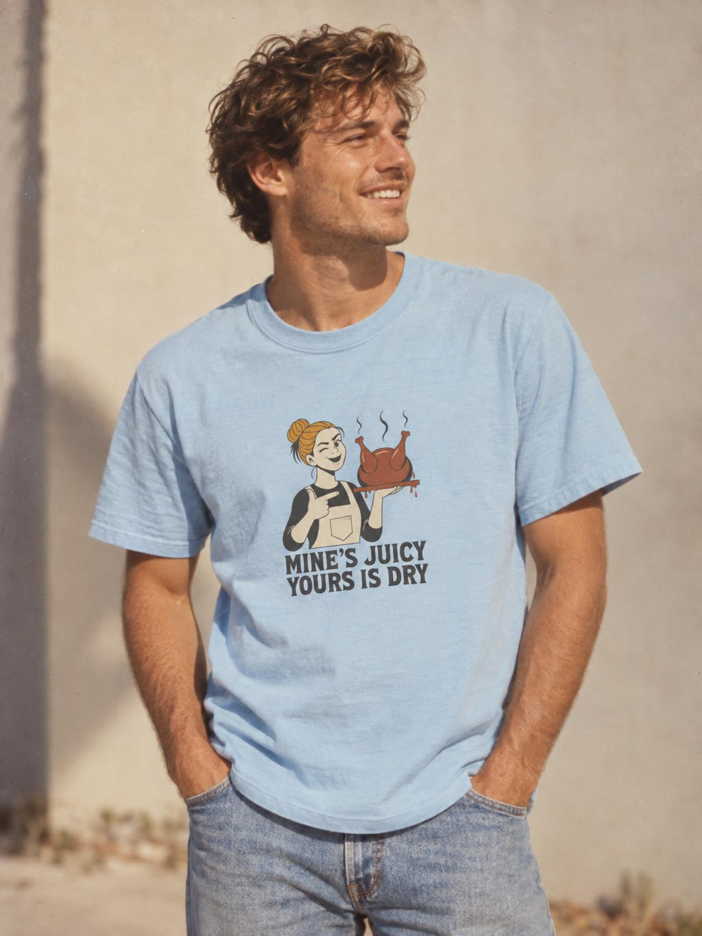 Funny Thanksgiving Turkey T-Shirt - Mine's Juicy Yours Is Dry in Light Blue – worn by a man