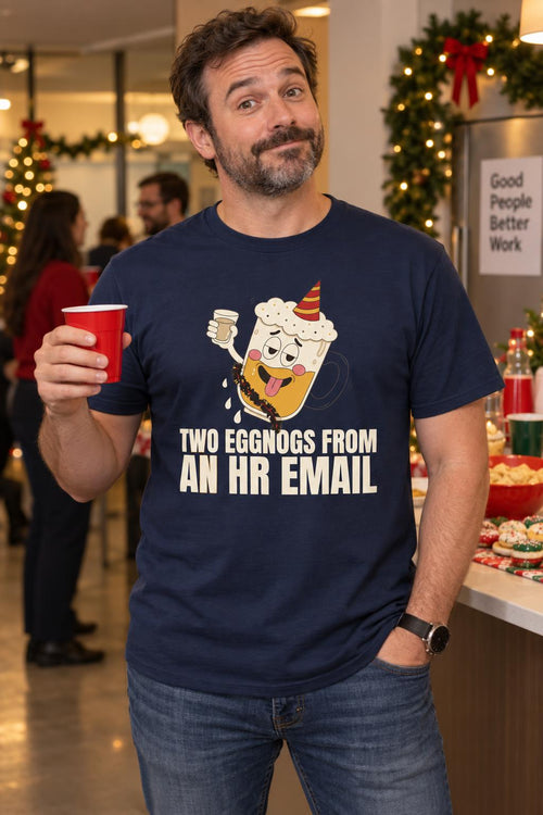 Eggnog Office Christmas Party Funny Drinking Humor T-Shirt in Navy – worn by a man