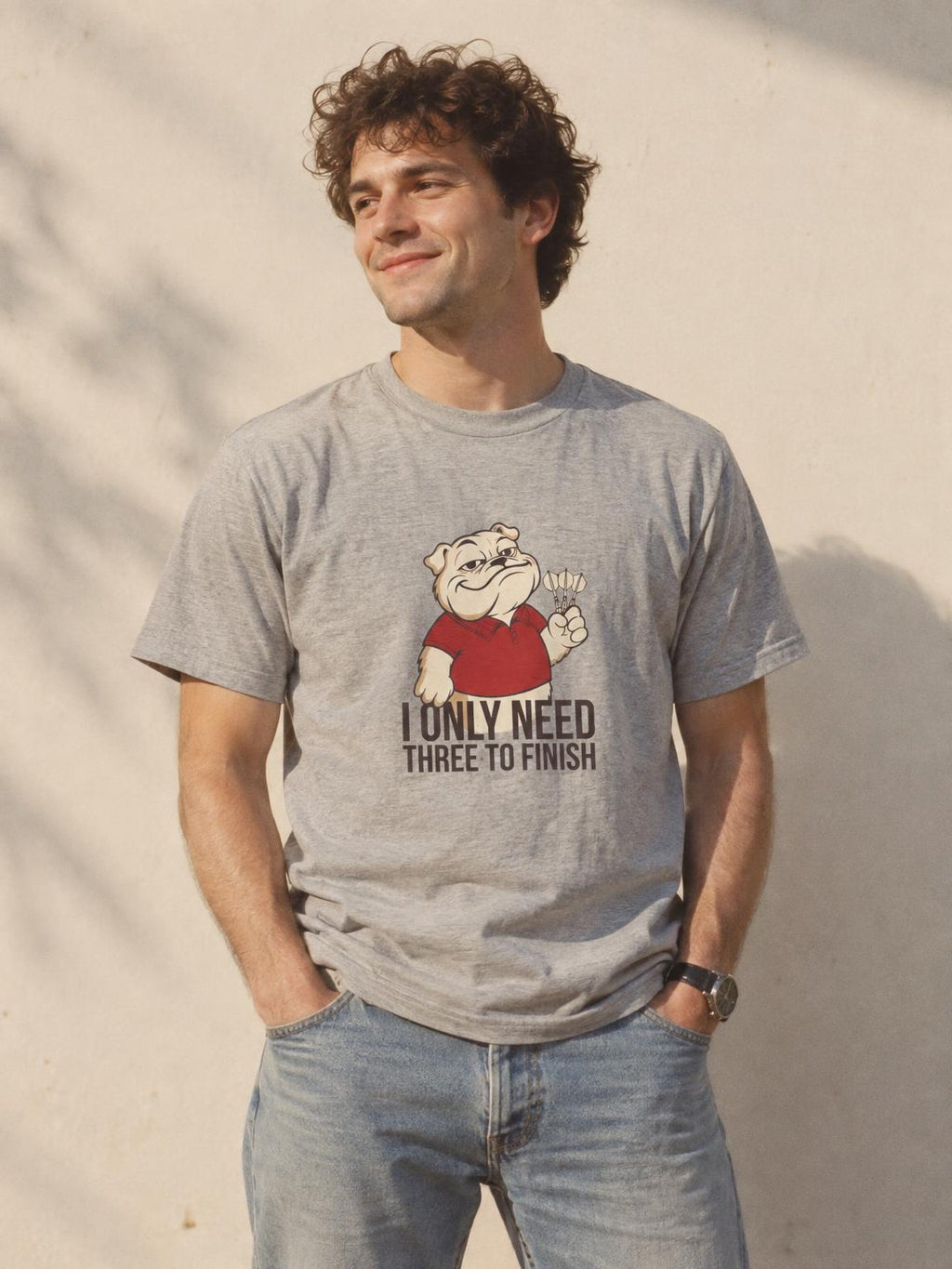 Darts Bulldog I Only Need Three To Finish Funny T-Shirt in Sport Grey – worn by a man