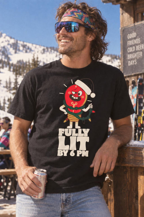 Fully Lit By 6 PM Funny Christmas Party T-Shirt in Black – worn by a man