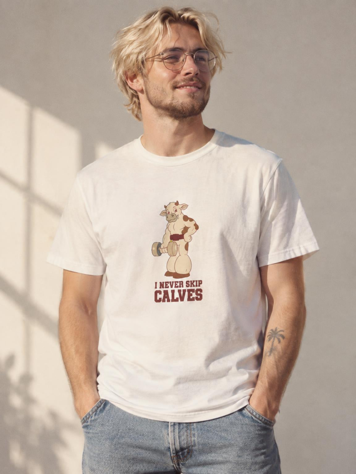 Leg Day Calves Pun Funny Gym Weightlifting T-Shirt in White – worn by a man