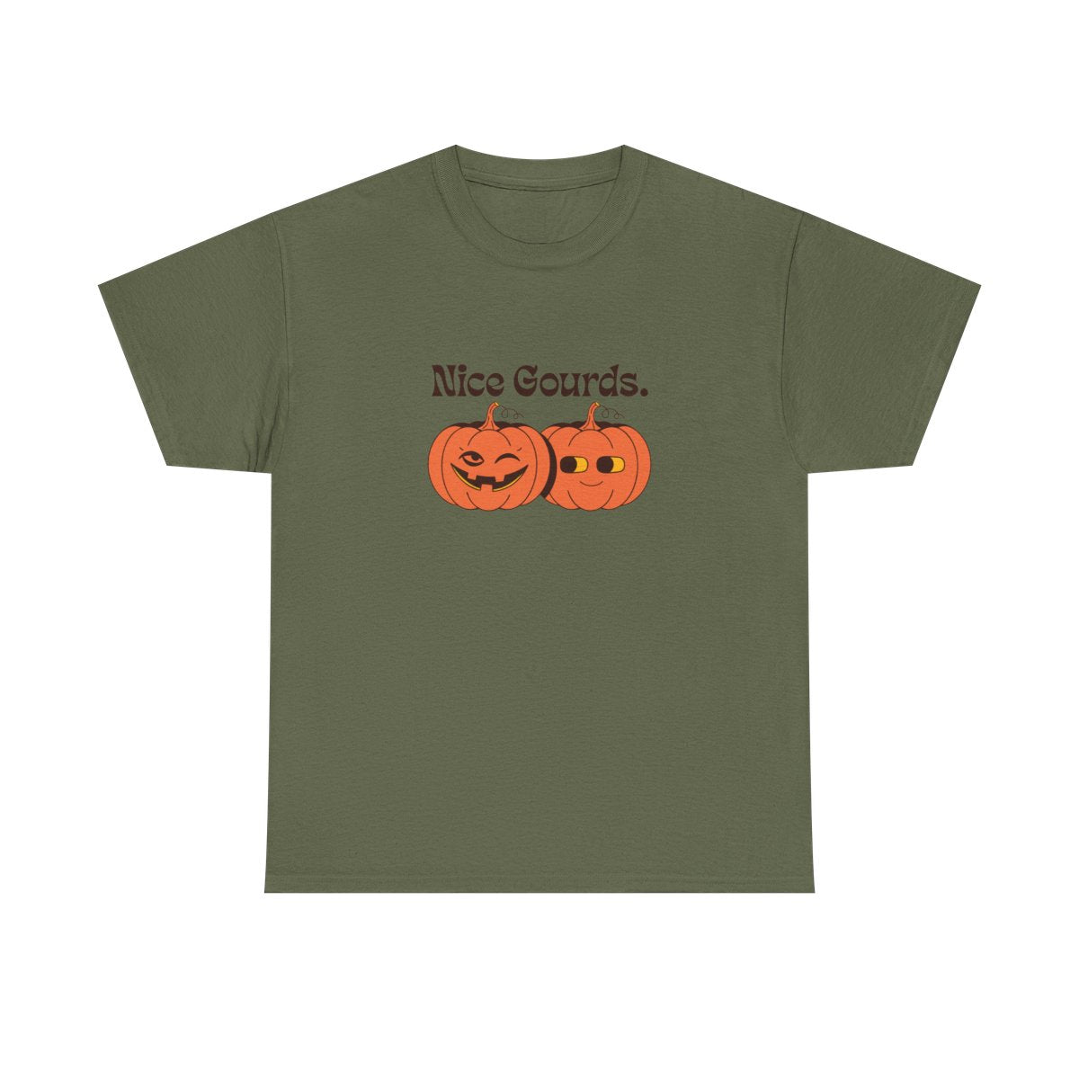 Nice Gourds Funny Pumpkin Fall Halloween T-Shirt in Military Green – front