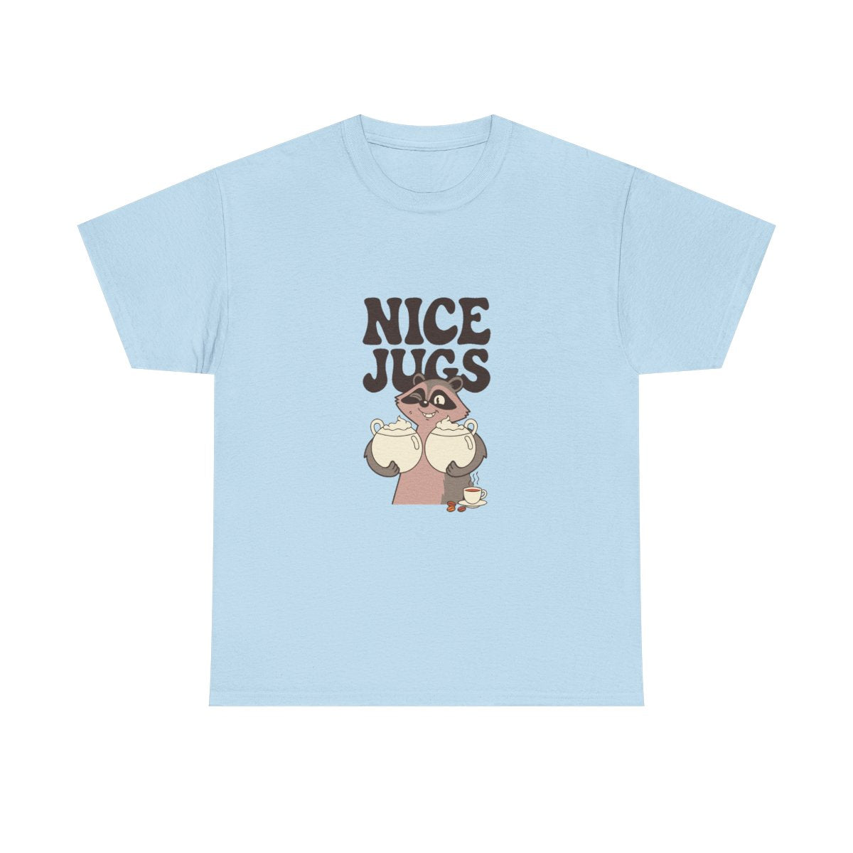 Raccoon Coffee Nice Jugs Funny Barista Innuendo T-Shirt in Light Blue – front