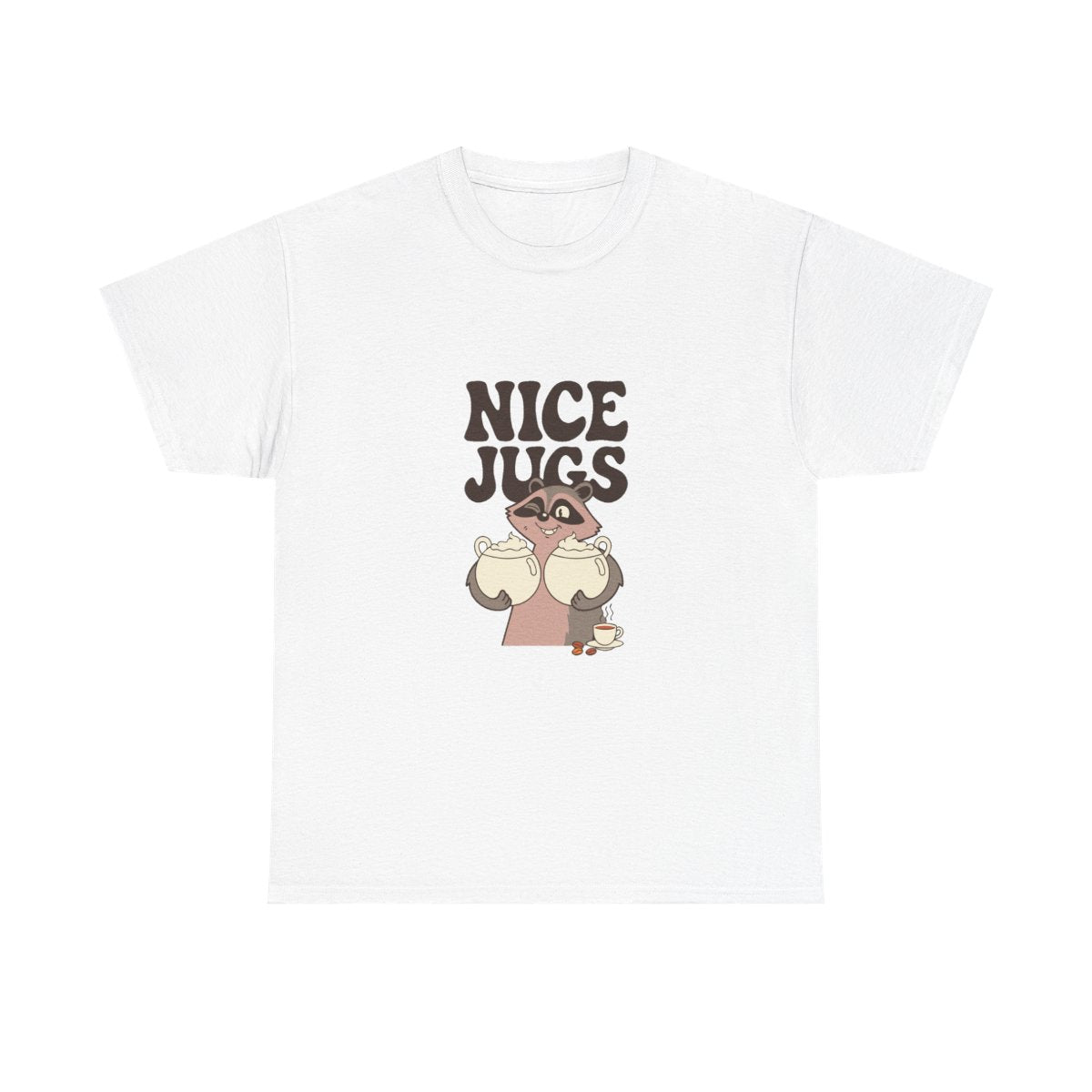 Raccoon Coffee Nice Jugs Funny Barista Innuendo T-Shirt in White – front