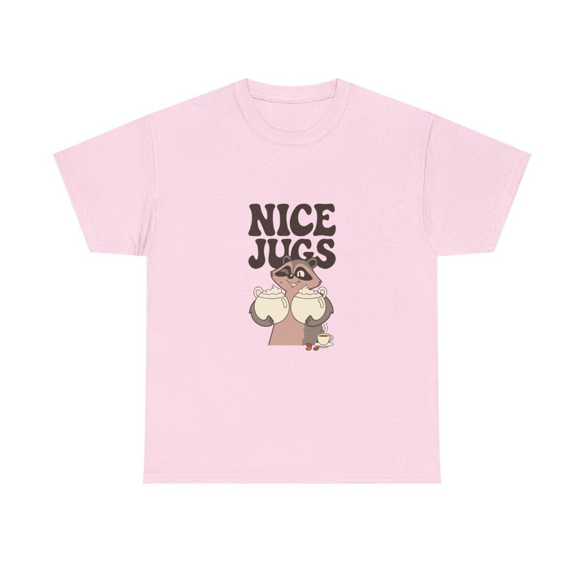 Raccoon Coffee Nice Jugs Funny Barista Innuendo T-Shirt in Light Pink – front