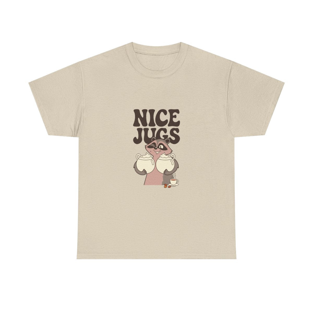 Raccoon Coffee Nice Jugs Funny Barista Innuendo T-Shirt in Sand – front