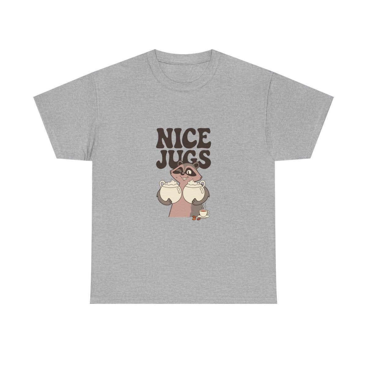 Raccoon Coffee Nice Jugs Funny Barista Innuendo T-Shirt in Sport Grey – front