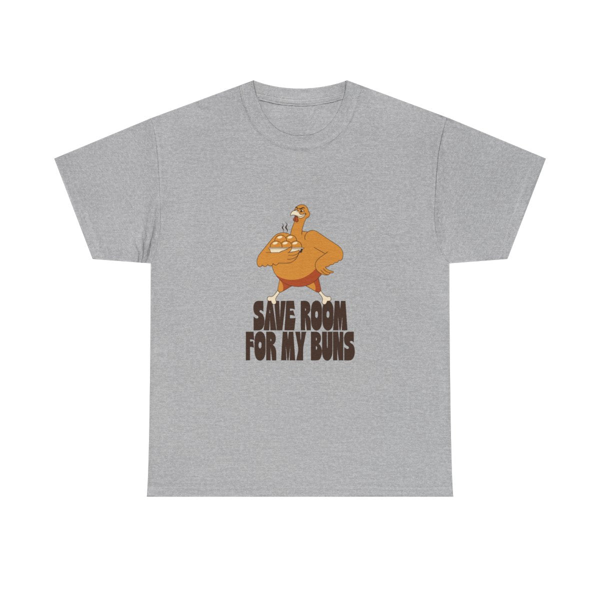 Save Room For My Buns Funny Thanksgiving T-Shirt in Sport Grey – front