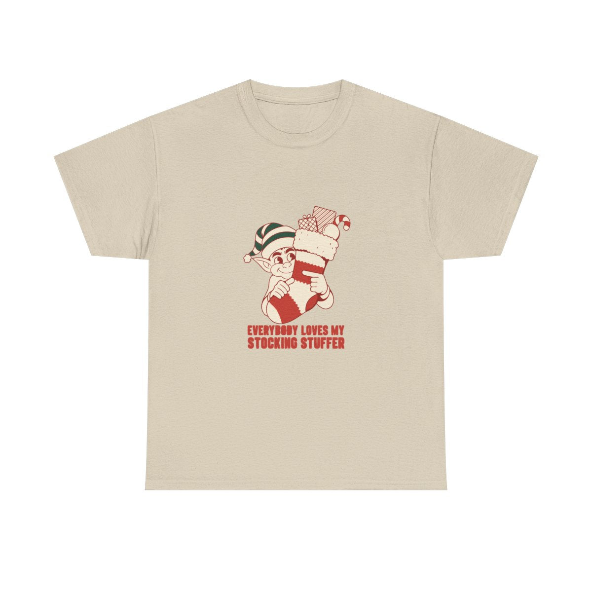 Stocking Stuffer Funny Christmas Elf Gag Gift T-Shirt in Sand – front