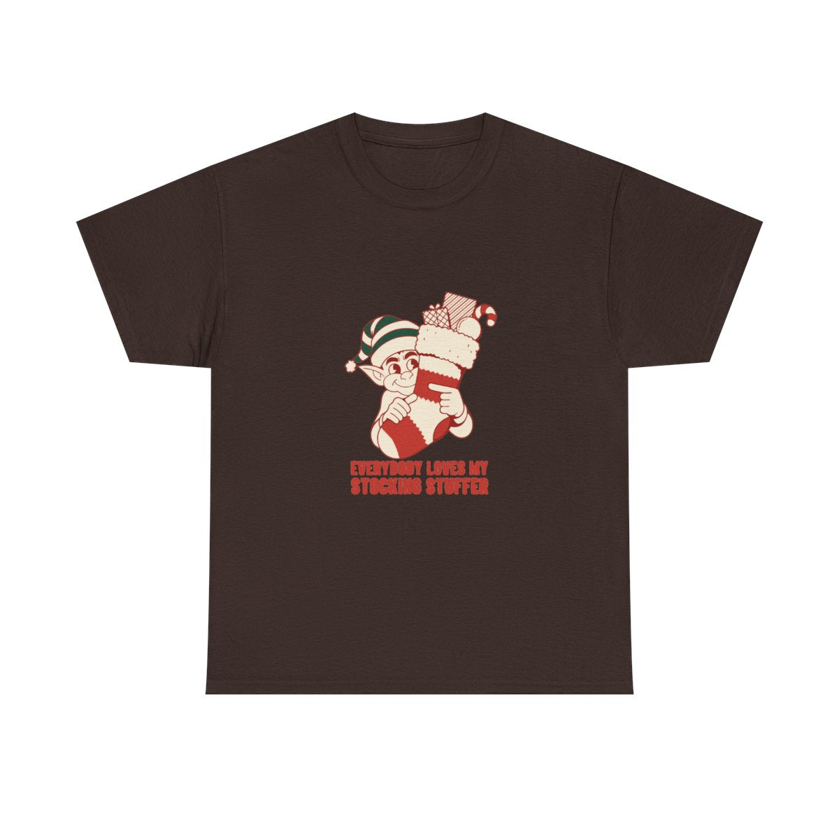 Stocking Stuffer Funny Christmas Elf Gag Gift T-Shirt in Dark Chocolate – front