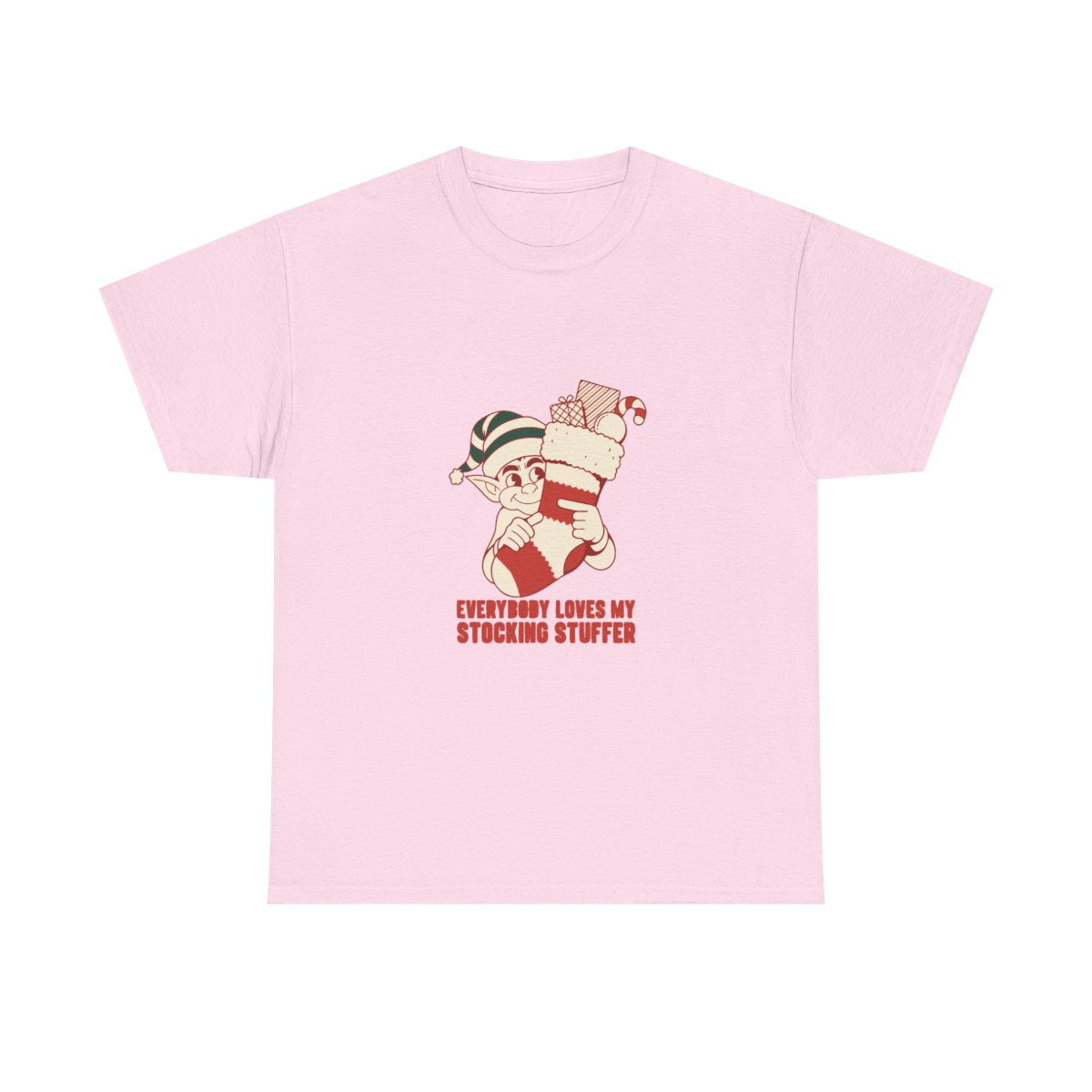 Stocking Stuffer Funny Christmas Elf Gag Gift T-Shirt in Light Pink – front