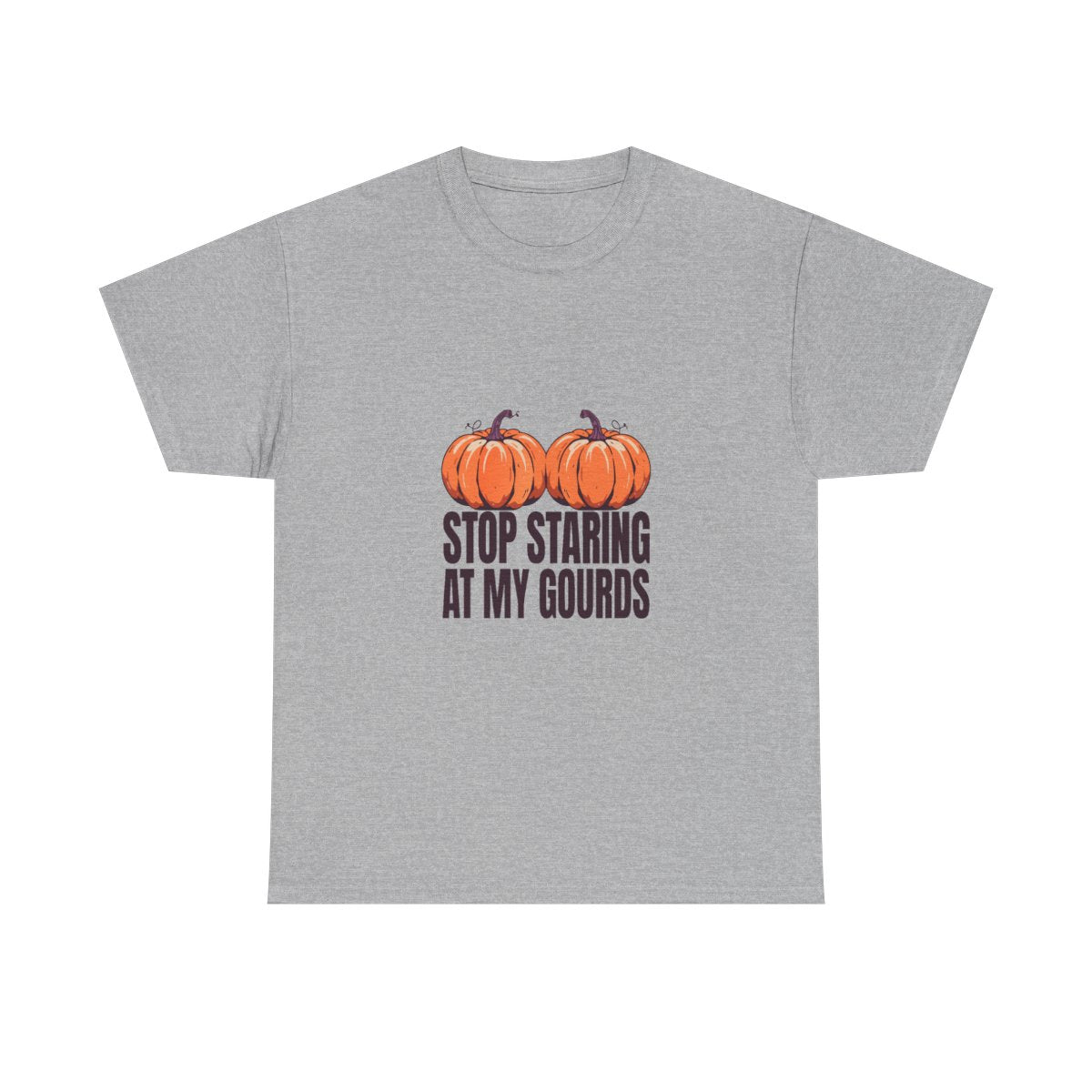 Stop Staring At My Gourds Funny Halloween Pumpkin T-Shirt in Sport Grey – front