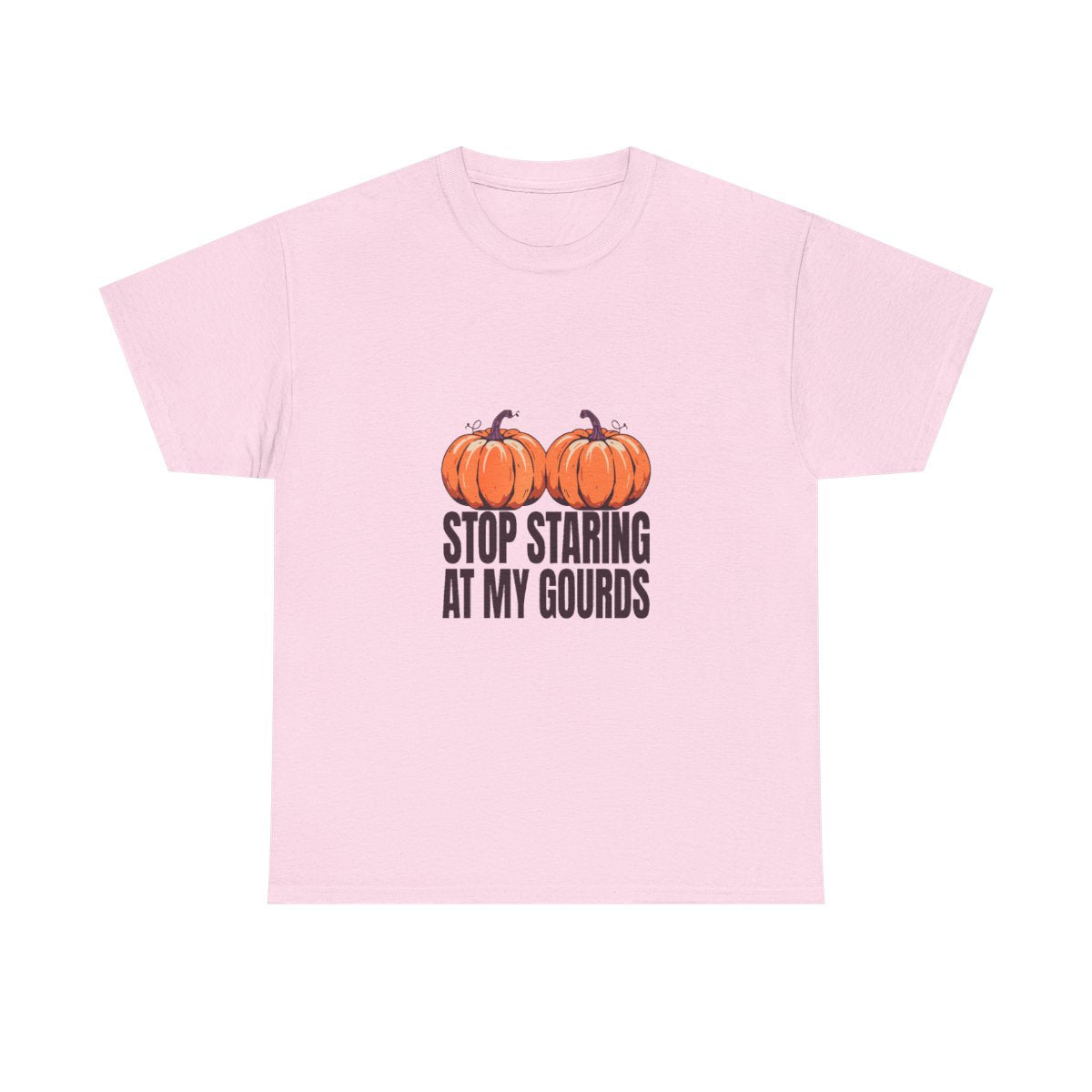 Stop Staring At My Gourds Funny Halloween Pumpkin T-Shirt in Light Pink – front