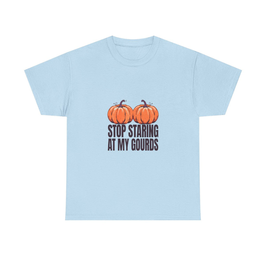 Stop Staring At My Gourds Funny Halloween Pumpkin T-Shirt in Light Blue – front