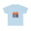 Stop Staring At My Gourds Funny Halloween Pumpkin T-Shirt in Light Blue – front