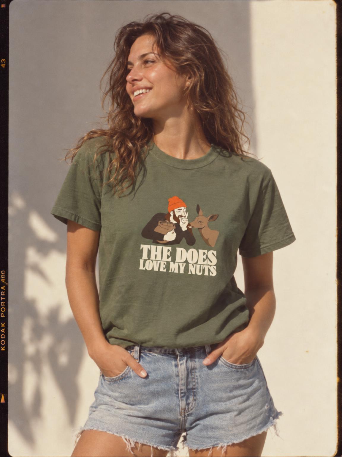 Funny Hunting Shirt The Does Love My Nuts Deer Camp Gift T-Shirt in Military Green – worn by a woman