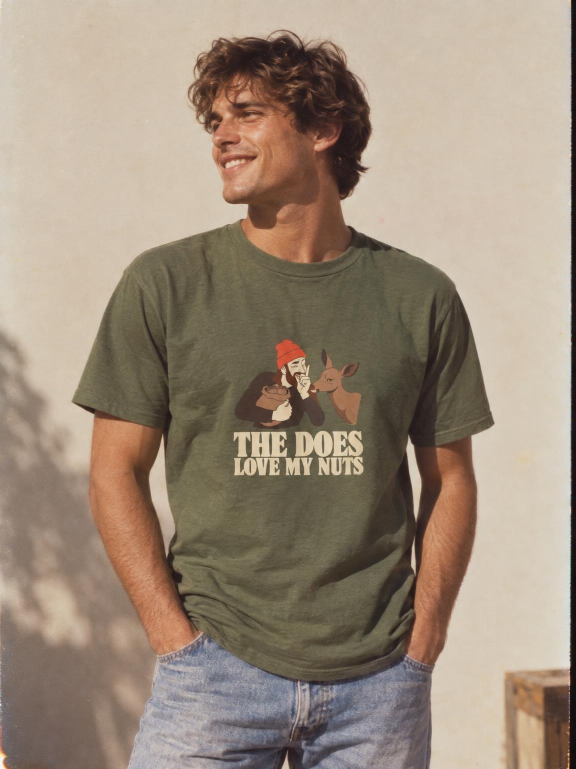 Funny Hunting Shirt The Does Love My Nuts Deer Camp Gift T-Shirt in Military Green – worn by a man