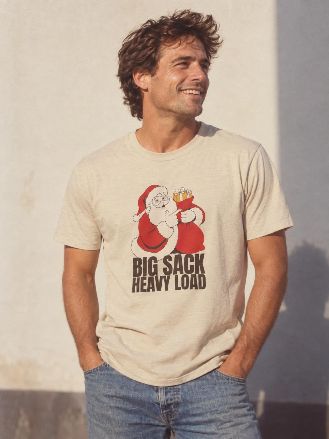 Big Sack Heavy Load Funny Santa White Elephant Gift T-Shirt in Sand – worn by a man