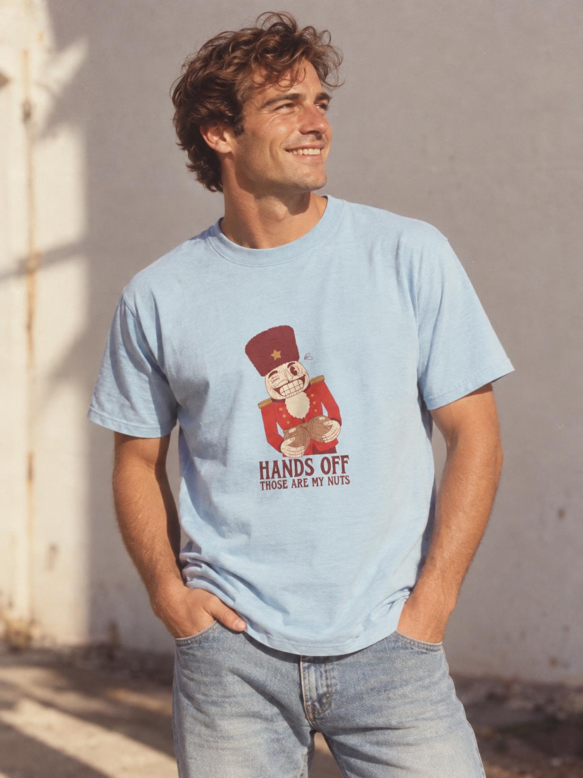 Funny Christmas Nutcracker Hands Off My Nuts T-Shirt in Light Blue – worn by a man