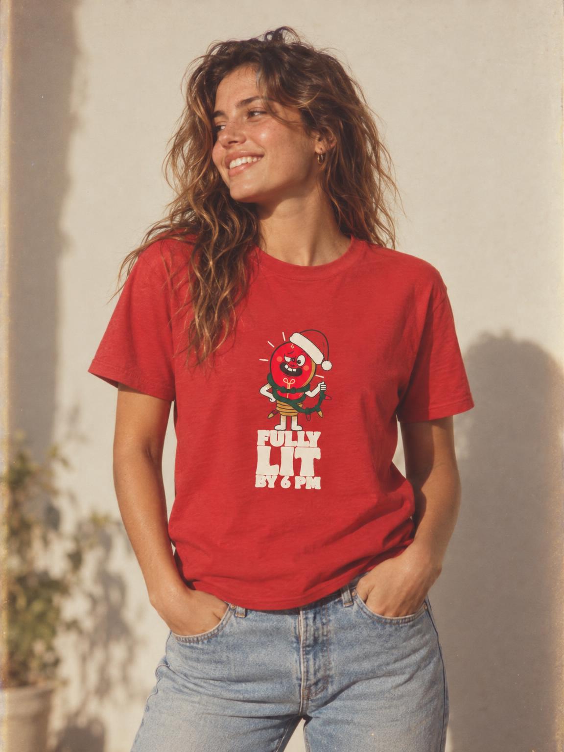 Fully Lit By 6 PM Funny Christmas Party T-Shirt in Red – worn by a woman