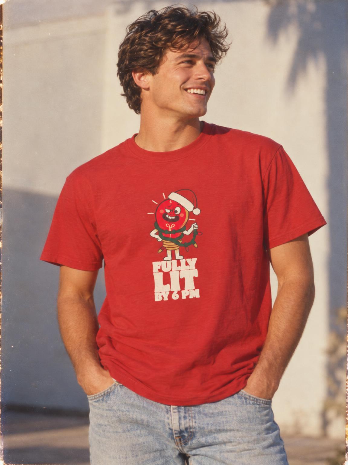 Fully Lit By 6 PM Funny Christmas Party T-Shirt in Red – worn by a man